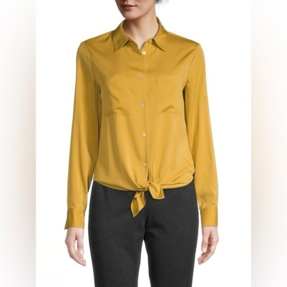 Theory Silk Blend Chiffon Tie-Front Button-Up Shirt Pocket Long Sleeve Yellow - Picture 2 of 13